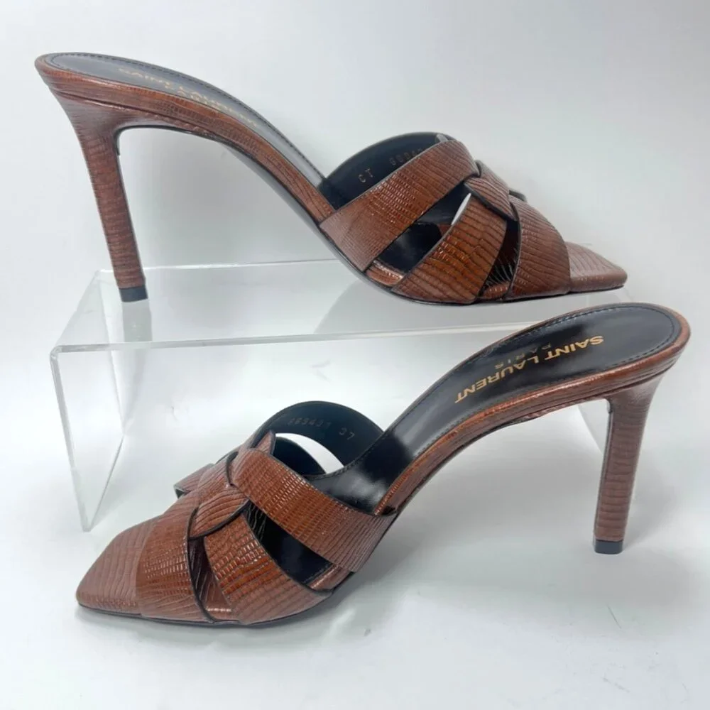 Saint Laurent Tribute Leather Heeled Mules Brown Women Slides Size 37 US7.5 - Picture 3 of 13